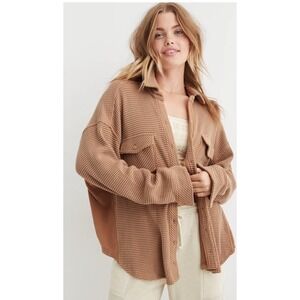 Aerie LumberJane Waffle Shirt Oversized Button Up Brown Tan Womens size Small